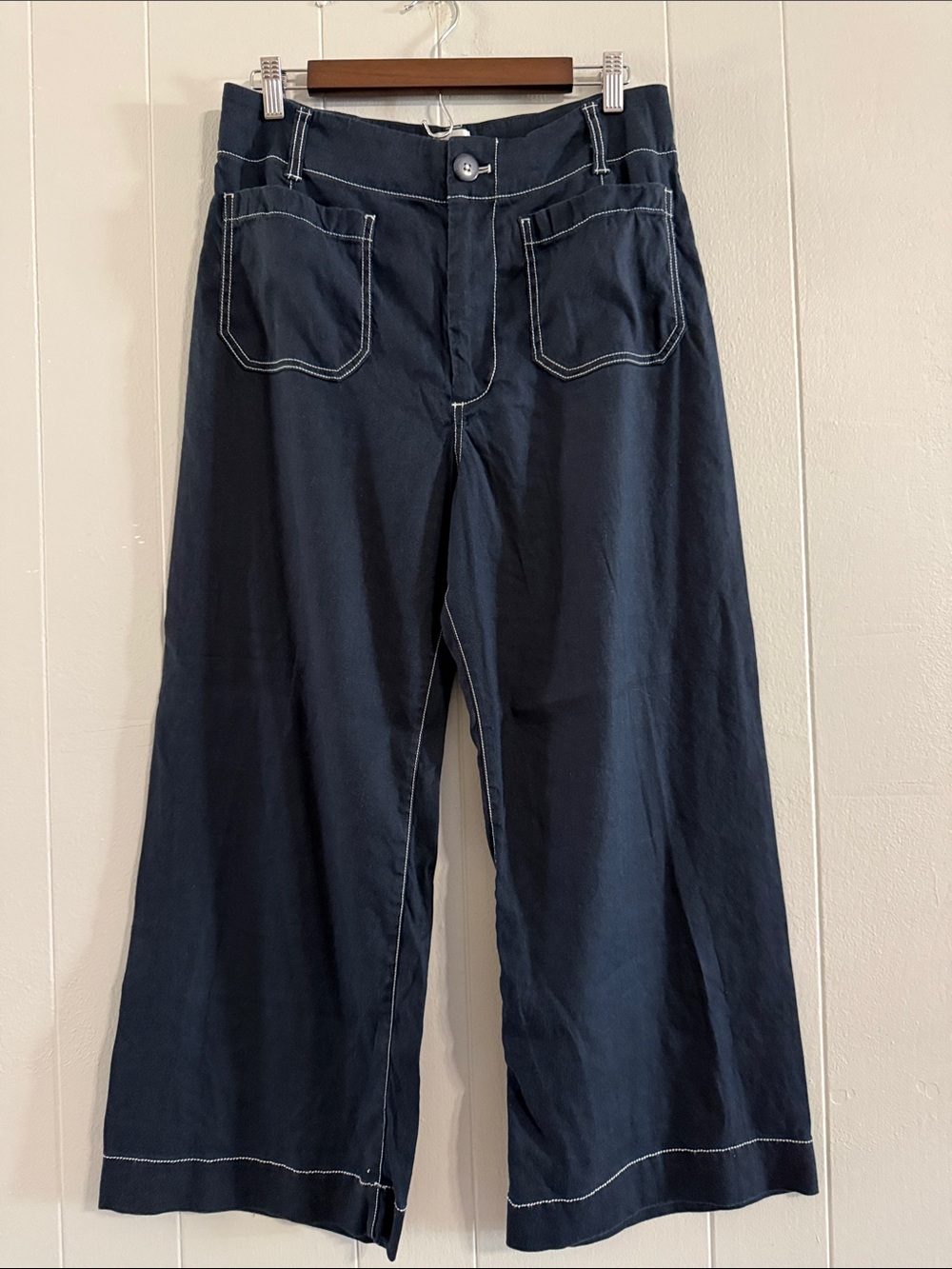 Maeve The Colette Navy Wide-Leg Pants with Contrast Stitching